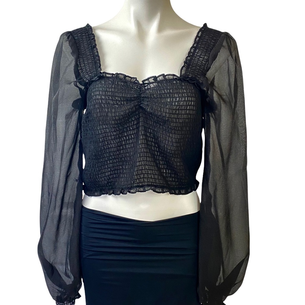 Black Ruched Crop Top W Puff Sleeves XL